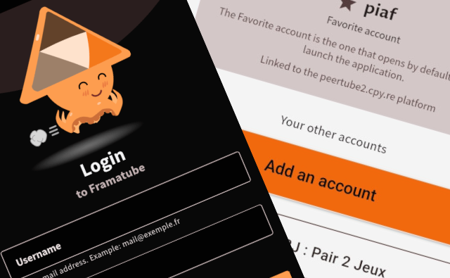 PeerTube mobile app showing login screen with smiling logo and account management interface with multi-account options.