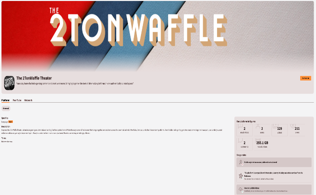 The 2TonWaffle website header featuring its logo in white text on a red and blue geometric background, with channel information displayed below.