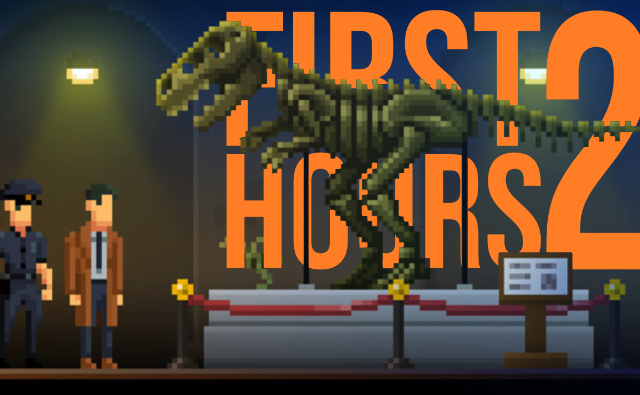 Pixel art scene showing two detective characters standing near a dinosaur skeleton in a museum with "FIRST 2 HOURS" text overlay.