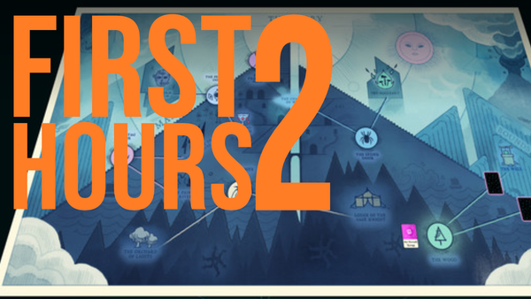 Screenshot of Cultist Simulator gameplay showing card-based interface with "FIRST 2 HOURS" text overlay in orange letters.