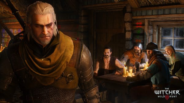 Geralt from The Witcher 3 in a tavern with NPCs, representing games waiting in player backlogs.